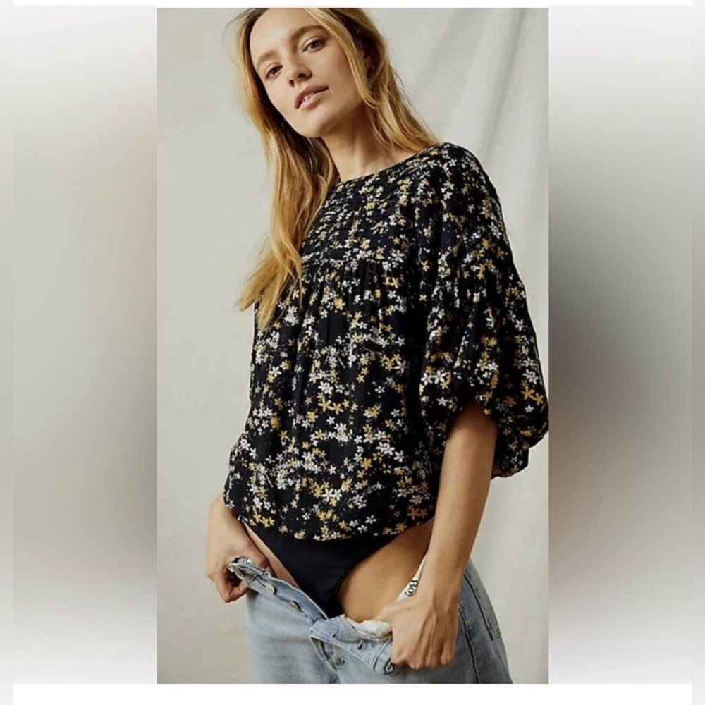 Intimately Free People Black Floral Short Sleeve Boho Cottagecore Bodysuit Sz S